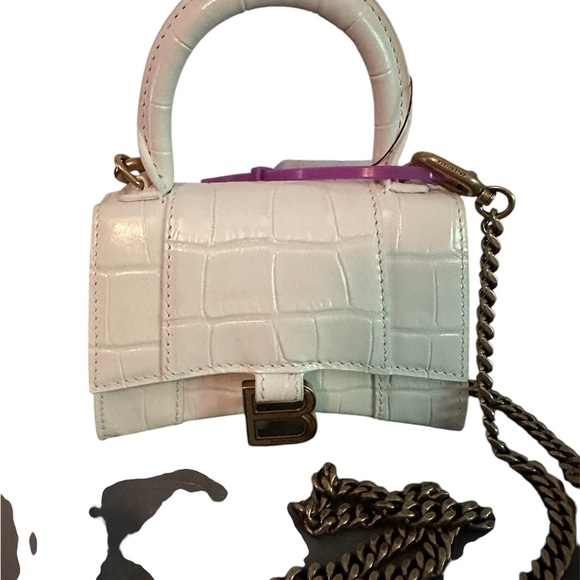 Balenciaga Handbags - Balenciaga White Hourglass Croc-Embossed Mini Top-Handle Bag with Gold Chain
